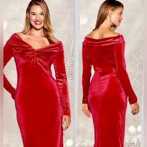 NWTS🌹THE OCCASION L🌹CRIMSON VELVET LONG SLEEVED OFF THE SHOULDER FITTED MAXI🌹